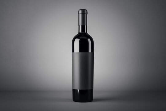 Black wine bottle with empty blank label with copyspace for your logo on abstract dark background, red wine concept. 3D rendering, mockup