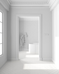 Fototapeta premium Total white project, interior design showcase, classic hallway with parquet and molded walls, modern bathroom with arched walls and freestanding round bathtub and accessories