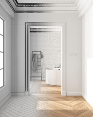 Fototapeta premium Architect interior designer concept: hand-drawn draft unfinished project that becomes real, interior design showcase, classic hallway with parquet, bathroom with freestanding bathtub