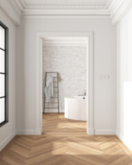 Fototapeta na wymiar Blur background, interior design showcase, classic hallway with dark parquet and molded walls, modern bathroom with arched walls and freestanding round bathtub and accessories