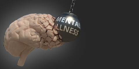 Brain hit by wrecking ball with Mental illness text, medical conceptual 3D rendering