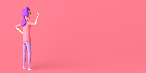 Casual woman showing the strength of her arm muscle. Feminism. 3D illustration. International Women's Day. March 8. Copy space.