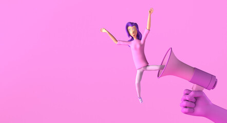 Informal woman coming out of a megaphone. Feminism. 3D illustration. International Women's Day. March 8. Copy space.