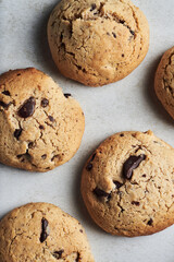 Chocolate chip cookies on table closeup. Homemade crunchy chocolate cookies bisquits on table.