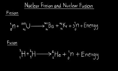 Nuclear fission and nuclear fusion equation in physics and chemistry on chalkboard and black background, physical chemistry 