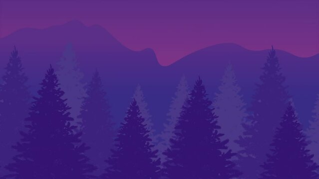 Spruce forest and mountains in blue-violet tones, horizontal parallax effect
