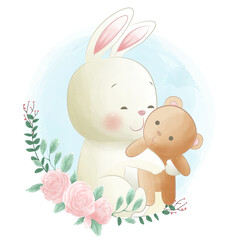 Funny animals cute bunny embraces teddy bear