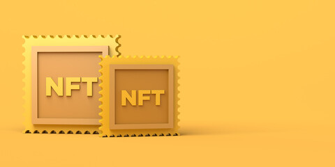 Non fungible tokens, NFT, on yellow background. Copy space. 3D illustration.