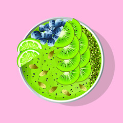Smoothie breakfast bowl topped with kiwi, blueberries, lime, yogurt. Top view isolated vector illustration.