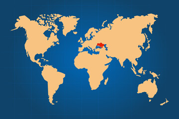 Ukraine, February 2022, War in Ukraine. Ukraine highlighted red on world political map. Blue background with grid