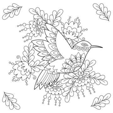 Tropic bird in flowers. Contour linear illustration for colouring book and anti stress pictures. Line art design for coloring page.