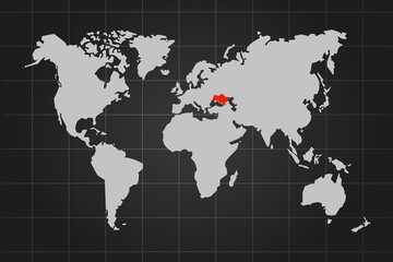 Ukraine, February 2022, War in Ukraine. Ukraine highlighted red on world political map. Gray background with grid