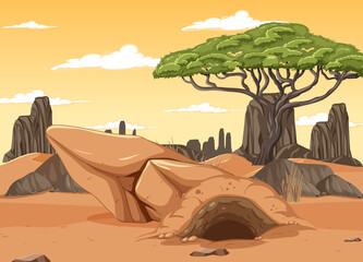 Desert landscape with trees and animals burrow