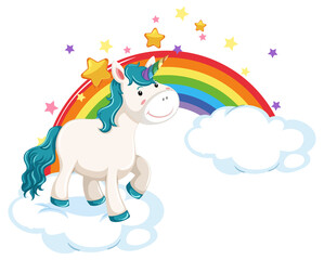 Cute unicorn standing on a cloud with rainbow