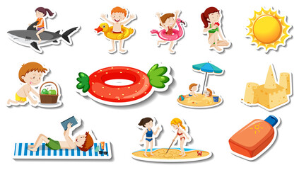 Naklejka premium Set of summer beach items and children