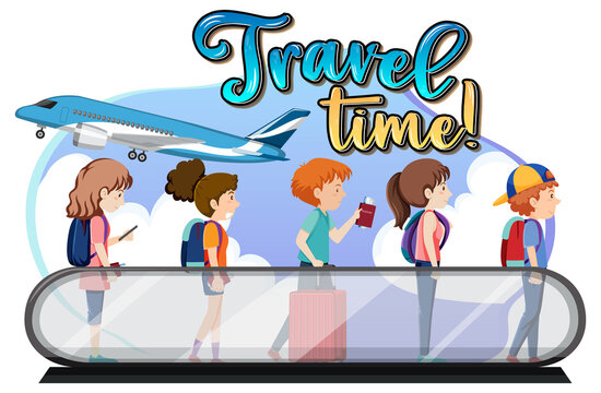 Travel Time typography logo with passengers on moving walkway
