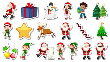 Set of Christmas objects and cartoon characters