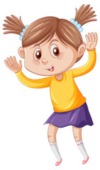 Little girl in yellow shirt dancing cartoon character on white background