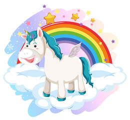 A unicorn standing on a cloud with rainbow