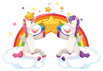 Two cute unicorns sitting on clouds with rainbow