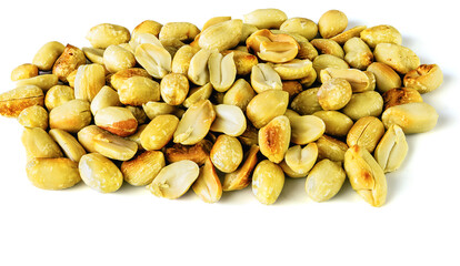 Close up roasted and peeled peanuts on a white background