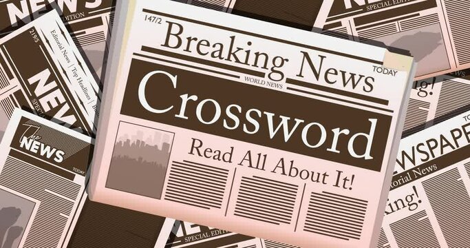 Newspaper with the text Crossword as headline. 4k resolution Cartoon animation. Showing the news from the Printed Media.