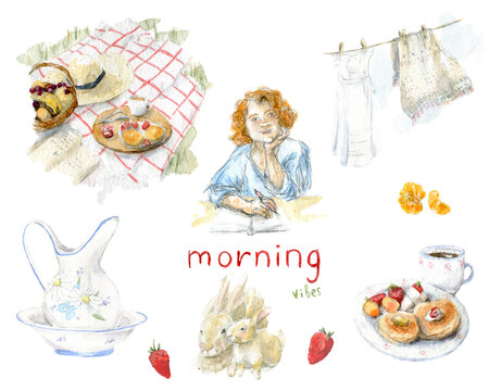 Watercolor ginger cute girl writer and morning view, cozy country elements - bed, dishes, breakfast, cottagecore. Hand-drawn character and objects in a realistic style isolated on white background.