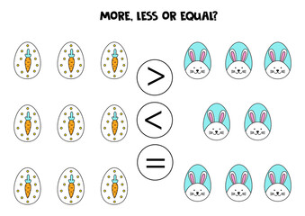 More, less, equal with cute Easter eggs.