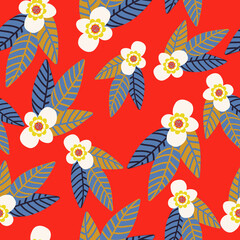 Red with whimsical cream flower elements with long pointed leaves seamless pattern background design.