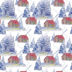 Seamless pattern of a winter house and forest. Watercolor hand drawn illustration. - 489172258