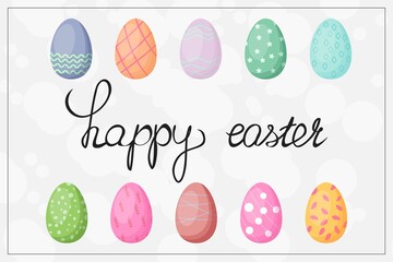 Happy Easter template with colourful Easter eggs and handwritten text. For banners, cards, advertisements, flyers.