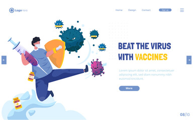 Flat design of a man kicking to beat the virus with a vaccine concept