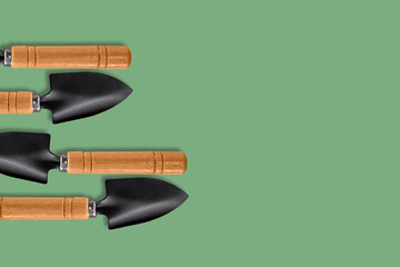 A composition of small garden blades located on the left side on a green background. The place to copy. Concept: poster for the design of advertising media for the garden and vegetable garden.