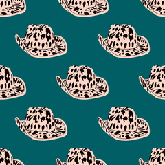 Cartoon Cowgirl hat with cow print .Horse Ranch. Cowboy hat repeating background. Wild West fashion style. Cowboy western theme; wild west concept. Hand drawn trendy colored Vector seamless Pattern.
