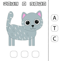 Make the word CAT from the scattered letters, cut and connect. Educational game for children.

