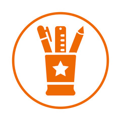 Pencil, ruler, stationary icon. Orange vector sketch.