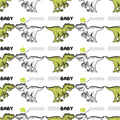 Doodle pattern with two baby t-rex dino. Seamless background with sketch roaring dinosaur. Textile design for baby boy on white background. Cartoon monster vector illustration. © Sopelkin