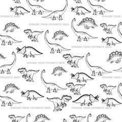 Cute dinosaur doodle seamless with dinosaurs t-shirt design. Funny Dino collection. Textile design for baby boy on white background. Cartoon monster vector illustration. © Sopelkin