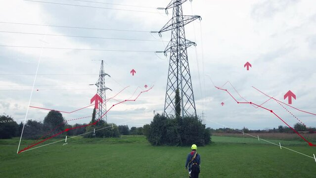 Engineer walking towards a Electric pylon with increasing price charts - 3D render
