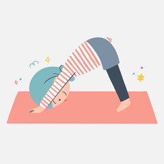 Hijab child doing downward dog yoga pose. Meditating child. Kids Yoga