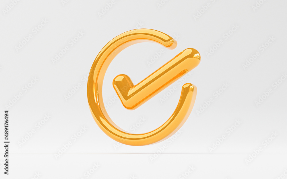 Poster Golden correct tick mark sign of  the best quality assurance with golden five stars for guarantee product and ISO service concept by 3d render.