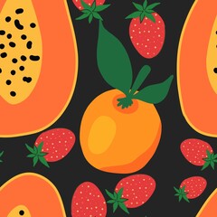 Seamless pattern with various fruits on a black background. Mandarin, strawberry, papaya. Drawn by hand. Flat design, cartoon, vector illustration. Template for design and printing.
