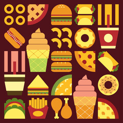 Flat minimalist geometric fast food symbol artwork poster with colorful simple shapes. Abstract vector pattern design of junk food and drink. Burgers, pizza, french fries, soda, coffee and ice cream.