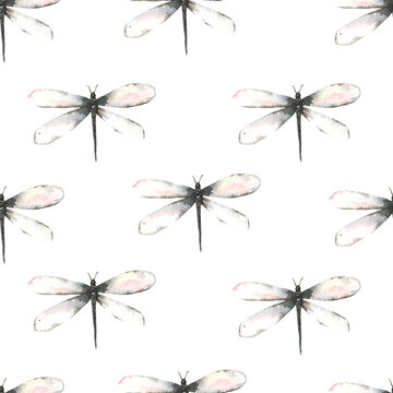 Seamless pattern with hand painted watercolor insects-dragonflies. High quality illustration