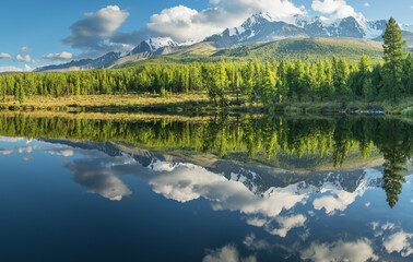 Obraz na płótnie Canvas Picturesque mountain lake in the summer morning, Altai. Beautiful reflection of mountains, sky and white clouds.