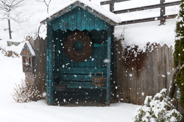 romantic colorful cottage snow garden heavy snowfall