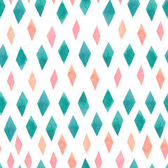Watercolour seamless pattern with hand painted geometric rhombuses. Geo background for textile, wrapping paper in trendy colors like coral, green and pink.