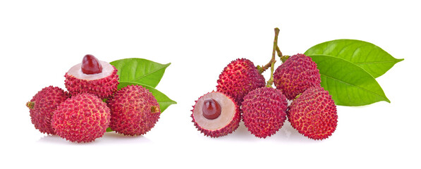 Fresh lychee with leaves isolated on a white background.