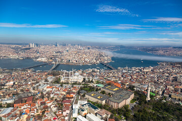 Wide angle aerial view of Istanbul Cityscape - Shot from European side of Istanbul from a Helicopter Sightseeing Tour