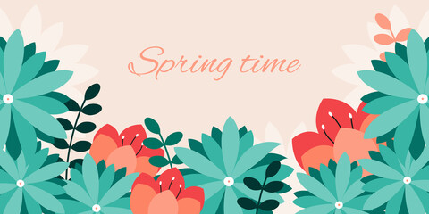 Flat vector illustration. Background with copy space for text, leaves, plants and flowers, spring or summer. For banners, posters, greetings cards - 489179669